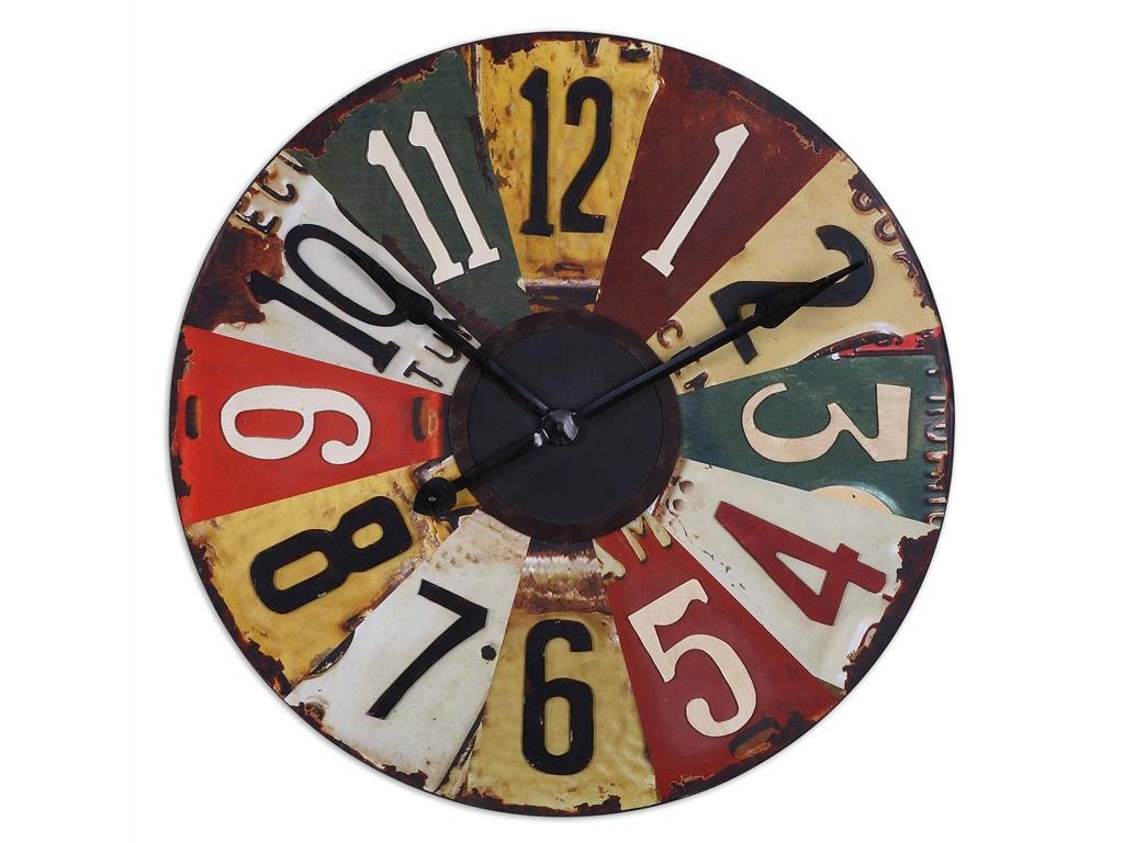 Uttermost Accessories Vintage License Plates Clock 06675 is a colorful addition to a neutral room. 