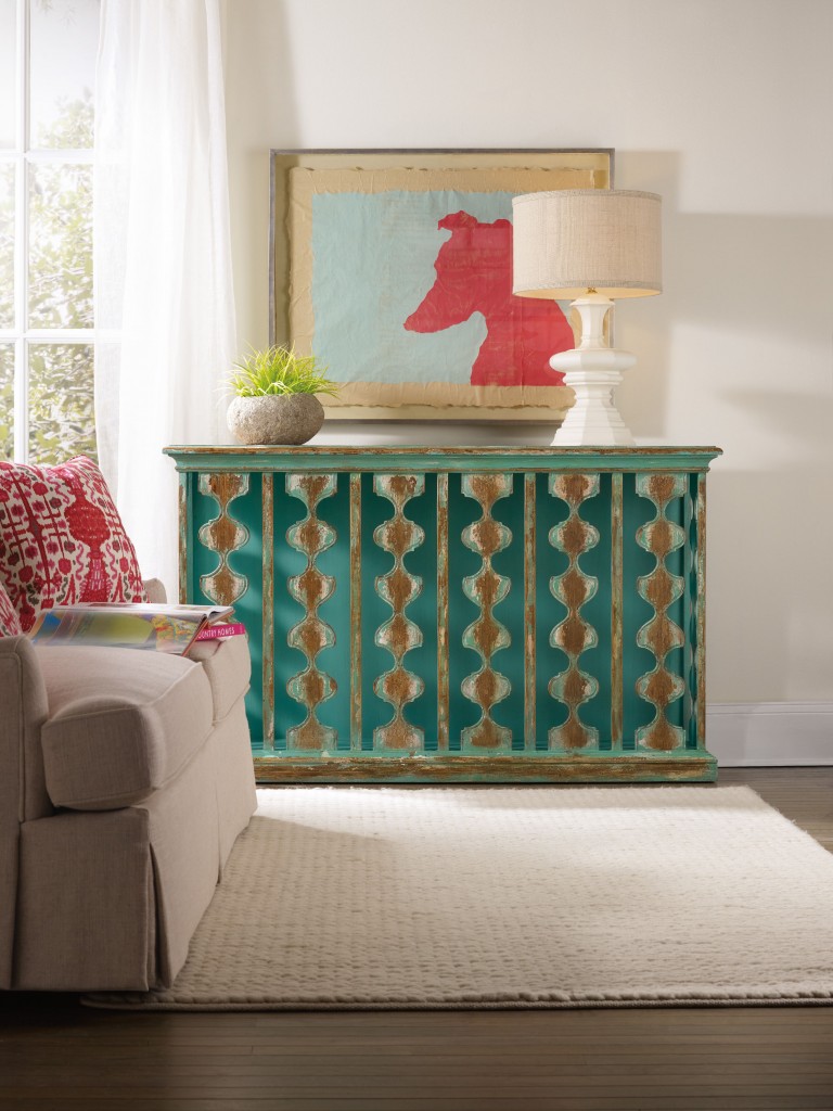 The Hooker Furniture Living Room Sanctuary Console Table's lively green can make any room leap to life. 