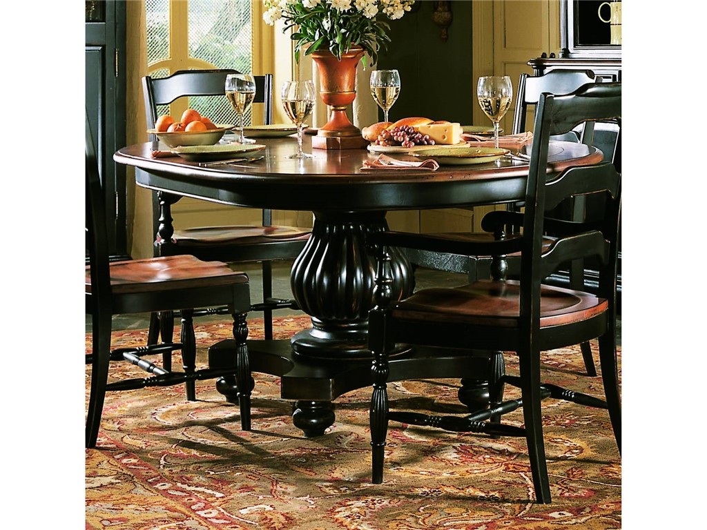 Compact is the name of the game when choosing furniture for a small kitchen/dining area. Featured furniture set is the Hooker Furniture Dining Room Indigo Creek Pedestal Dining Table and chairs. 