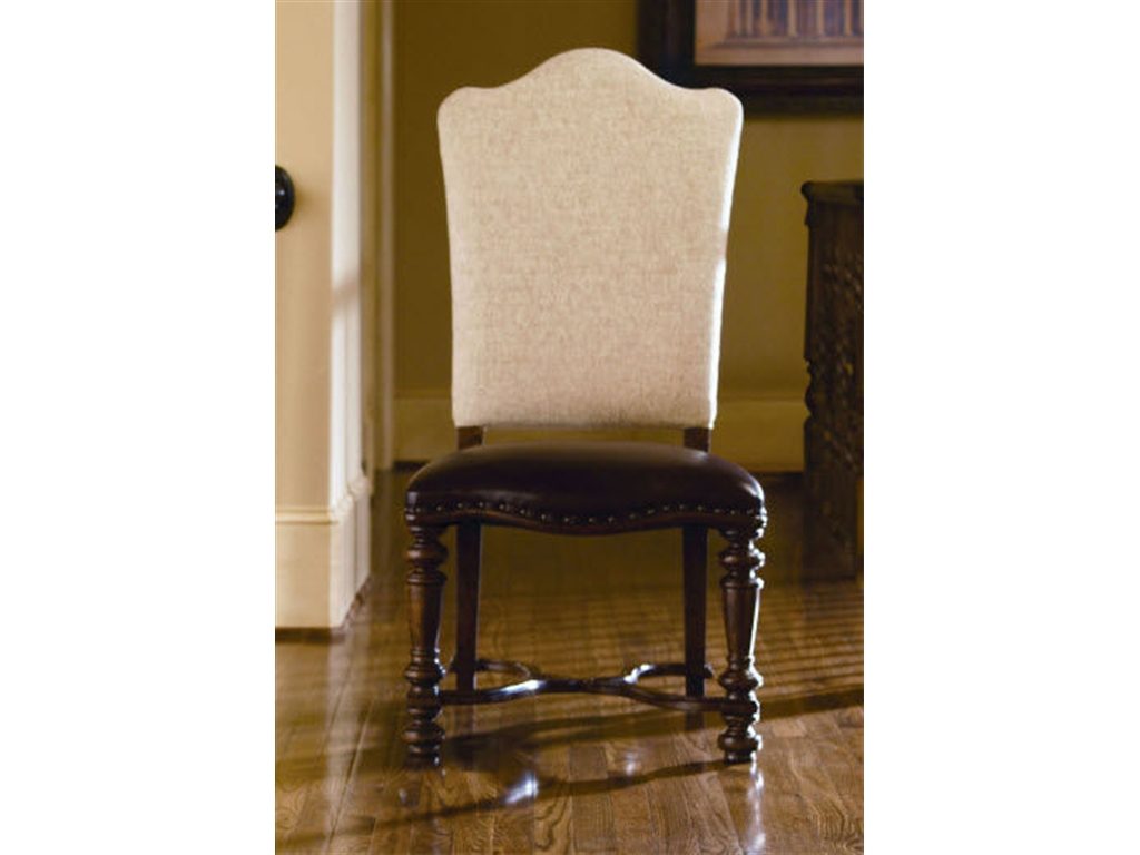 Universal Furniture Dining Room Uph Back Side Chair 016638-RTA elegantly fuses walnut, leather and fabric. 