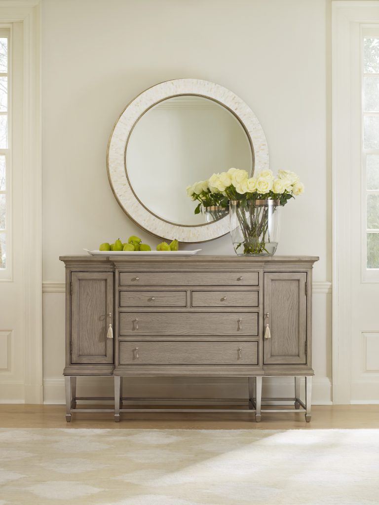 BLOG 2. 1586-75907-GRY1 Soiree Sideboard 1586-90007-MULTI Aura Round Shell Accent Mirror